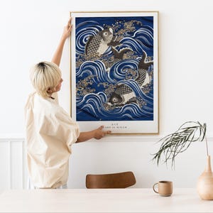Japanese Carp in Waves Art Print - Traditional Ukiyo-e Style Wall Art - Koi Fish Home Decor - Fukusa Print - PREMIUM GICLÉE PRINT