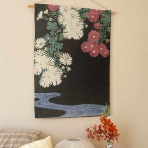 Japanese Botanical Tapestry – Chrysanthemum Woven Floral Wall Fabric – Ohara Koson – Premium Cotton Tapestry
