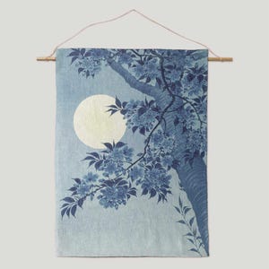 Japanese Moon Tapestry – Sakura Blossom Blue Cotton Wall Art – Premium Woven Tapestry