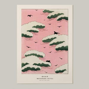 Lámina artística japonesa rosa - Cielo rosa con pájaros de Watanabe Seitei - Arte mural tradicional estilo ukiyo-e