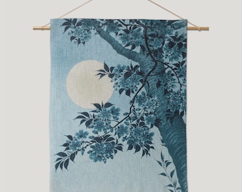Japanese Moon Tapestry – Sakura Blossom Blue Cotton Wall Art – Premium Woven Tapestry