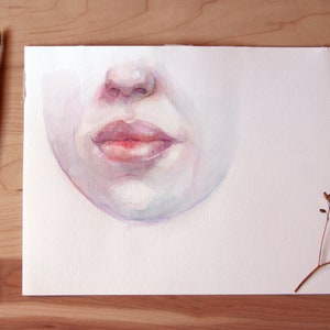 May include: Watercolor painting of a close-up of a person's mouth and nose. The lips are painted in shades of pink and red, and the nose is a light pink.