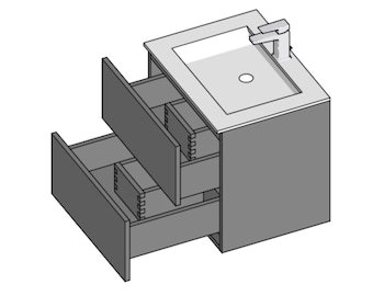 May include: A gray bathroom vanity with two open drawers, a white sink, and a chrome faucet. The drawers are dovetailed and the cabinet is a solid gray color. The sink has a single drain hole.