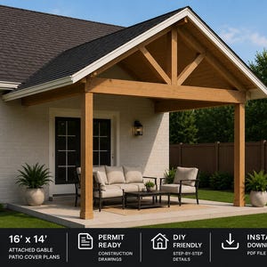 Könnte beinhalten: Eine 16' x 14' große Terrassenüberdachung mit Giebel und Holzrahmenkonstruktion über einer Betonfläche. Der Bereich umfasst ein Sofa, zwei Stühle und einen Couchtisch. Der Text lautet: 16' x 14' ATTACHED GABLE PATIO COVER PLANS, PERMIT READY CONSTRUCTION DRAWINGS, DIY FRIENDLY STEP-BY-STEP DETAILS, INSTANT DOWNLOAD PDF FILE.