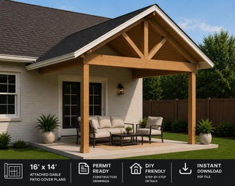 Puede incluir: Una cubierta de patio a dos aguas de 16' x 14' con estructura de madera sobre un patio de hormigón. El área incluye un sofá, dos sillas y una mesa de centro. El texto dice: 16' x 14' ATTACHED GABLE PATIO COVER PLANS, PERMIT READY CONSTRUCTION DRAWINGS, DIY FRIENDLY STEP-BY-STEP DETAILS, INSTANT DOWNLOAD PDF FILE.