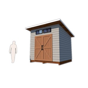 May include: A light gray shed with a brown wooden door and a slanted roof. The shed has three small windows above the door and is designed with horizontal siding. The door has two handles.
