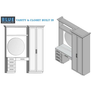 May include: Architectural rendering of a built-in vanity and closet. The vanity features a round mirror, drawers, and a countertop. The closet has two doors. The text "BLUE CONTRACTS" and "VANITY & CLOSET BUILT IN" are visible.