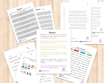 May include: A printable worksheet for kids to learn about Psalm 1 from the Bible. The worksheet includes a passage from the Bible, a coloring activity, and a cut-and-paste activity.