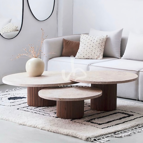 Travertine coffee table, Set of 3 travertine nesting table, Trio coffee table, Round coffee table, Marble Coffee table, Travertine table,