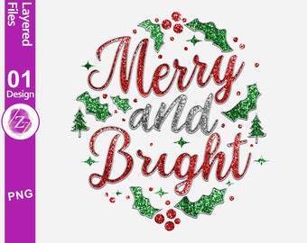 Faux Embroidery Merry and Bright png, Christmas png Glitter Sublimation, digital file download