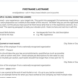 May include: A resume template with a title, experience section, and optional skills bullets. The template includes instructions for filling out each section.