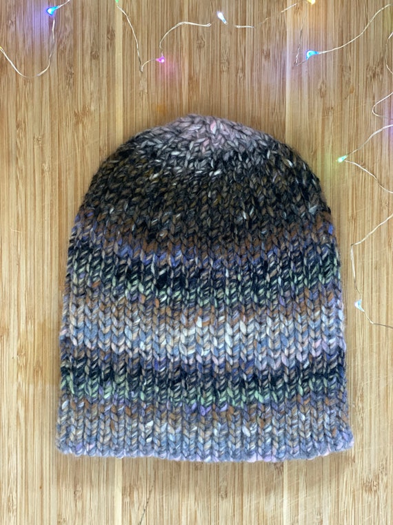 Chunky Hand Knit Slouch Hat - Lavender Stripe - Etsy display picture 1