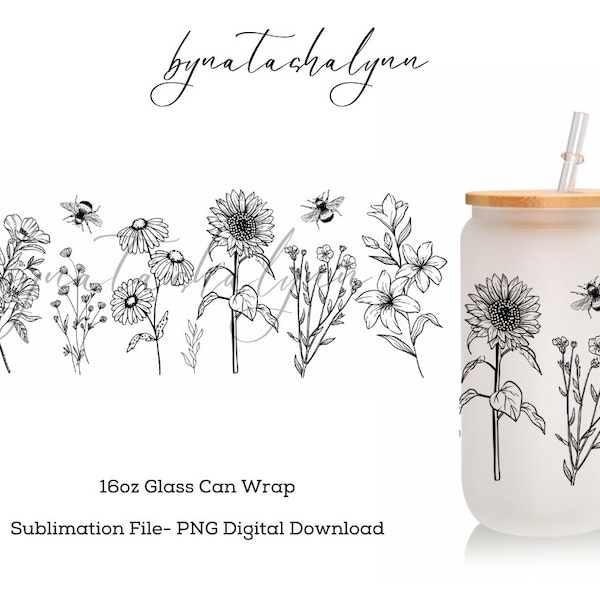 Wild Flowers Long Stem Flowers - 16oz Libbey Glass Can PNG for Sublimation - Digital Download PNG - Libbey Beer Glass Can Wrap - Sunflower