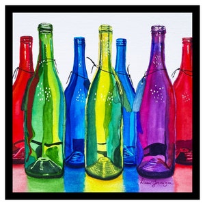 Square Backlit  Watercolor multi-colored glass bottles Print