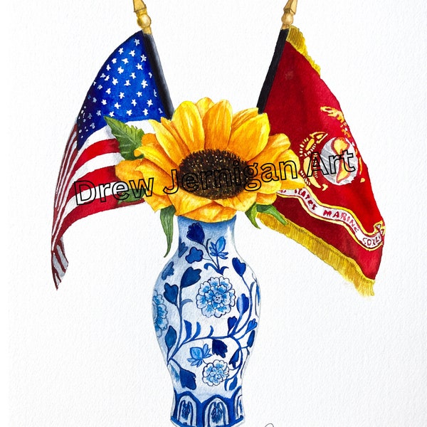 Set of 6 Notecards USMC Flag and Sunflower "Semper Sunny" Watercolor Print