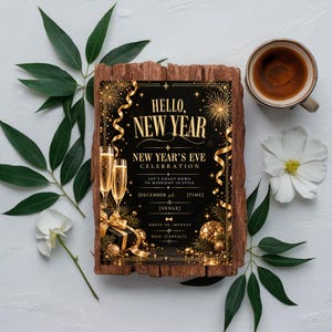 May include: A black and gold New Year's Eve party invitation card featuring the text HELLO, NEW YEAR, NEW YEAR'S EVE CELEBRATION, LET'S COUNT DOWN TO MIDNIGHT IN STYLE, DECEMBER 31, TIME, VENUE, DRESS TO IMPRESS, and RSVP, CONTACT.