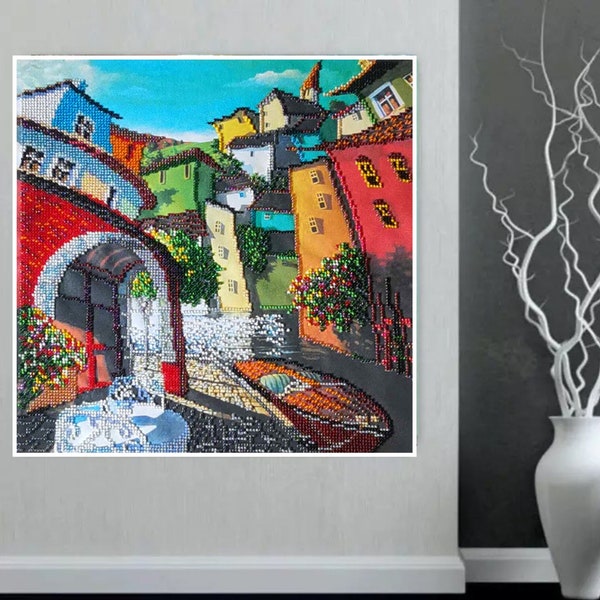 The finished picture from beads on natural art canvas " Town/city/Venice", Hand embroidered, Handmade Modern wall decor. interior decoration