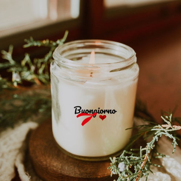 Buongiorno, hello, fun, Italian, 9oz, hand-poured, vanilla, luxury candle, with cheerful Italian, red scarf and red heart accents.