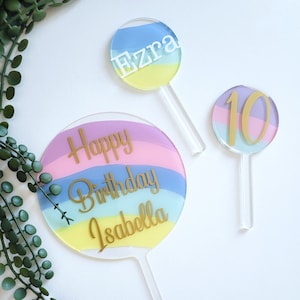 Personalised  Rainbow Cake topper // Name // Acrylic Circle // Happy Birthday // Birthday cake decor