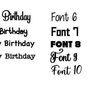 Peut inclure: Un graphique montrant 10 styles de police diff&eacute;rents pour la phrase "Joyeux anniversaire".