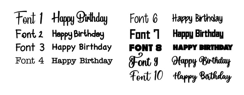 Peut inclure: Un graphique montrant 10 styles de police diff&eacute;rents pour la phrase "Joyeux anniversaire".