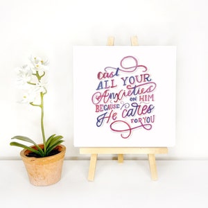 Bible Verse Calligraphy//He Cares for You, 1 Peter 5:7, 8x8//Christian Wall Art//Hand Lettered//Fine Art Print//