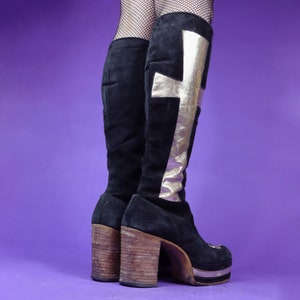 Vintage 1970s Wooden Heel Crucifix Glam Rock Metal Suede Platform Boots image 7