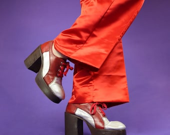 Vintage 1970s Glam Rock Red and Silver Platform Shoes UK 6