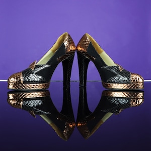 Vintage 1970s Terry De Havilland Snakeskin Black and Metallic Heels Shoes Glam Rock