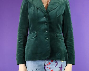 Blazer vintage de terciopelo verde de los años 70 con solapa de pico