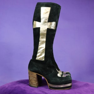 Vintage 1970s Wooden Heel Crucifix Glam Rock Metal Suede Platform Boots image 6