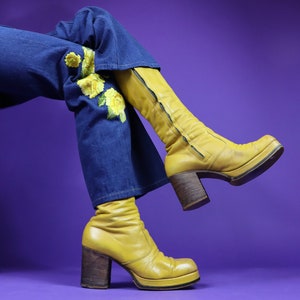 Vintage 1970s Sunshine Yellow Platform Boots Kensington Market Glam Rock