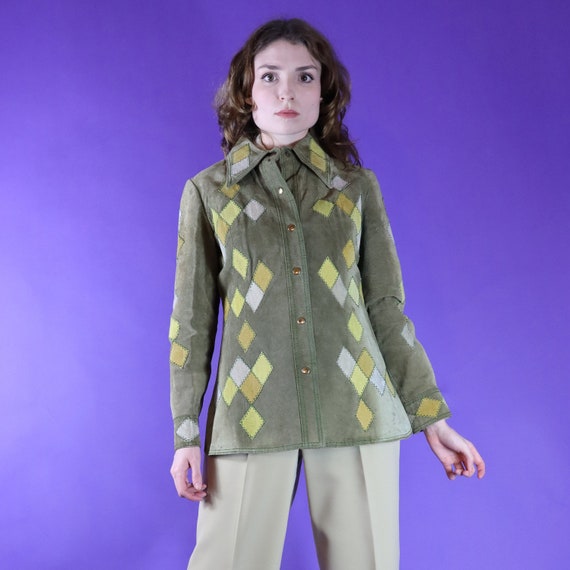 Vintage 1970s Patchwork Suede Jacket Harlequin Di… - image 1
