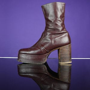 Vintage 1970s Burgundy Leather Platform Boots Stacked Heel RARE