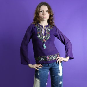 Deadstock Vintage 1960s 1970s Indian Cheesecloth Embroidered Blouse Shirt Purple