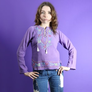 Deadstock Vintage 1960s 1970s Indian Cheesecloth Embroidered Blouse Shirt Lilac