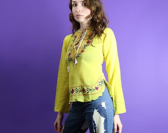 Deadstock Vintage 1960s 1970s Indian Cheesecloth Embroidered Blouse Shirt Yellow