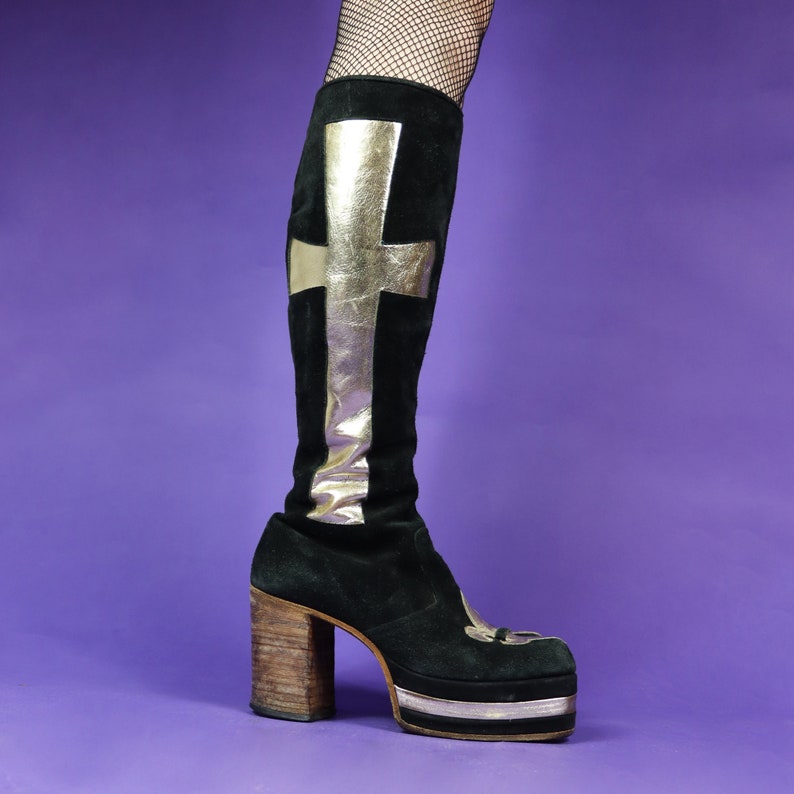 Vintage 1970s Wooden Heel Crucifix Glam Rock Metal Suede Platform Boots image 3
