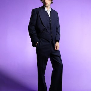 スーツ 70s Japan Vintage 3Peace Suit Navy CF96 Vintage 1970s Navy Blue Fine Pinstripe 3 Piece Suit Tailored Wool