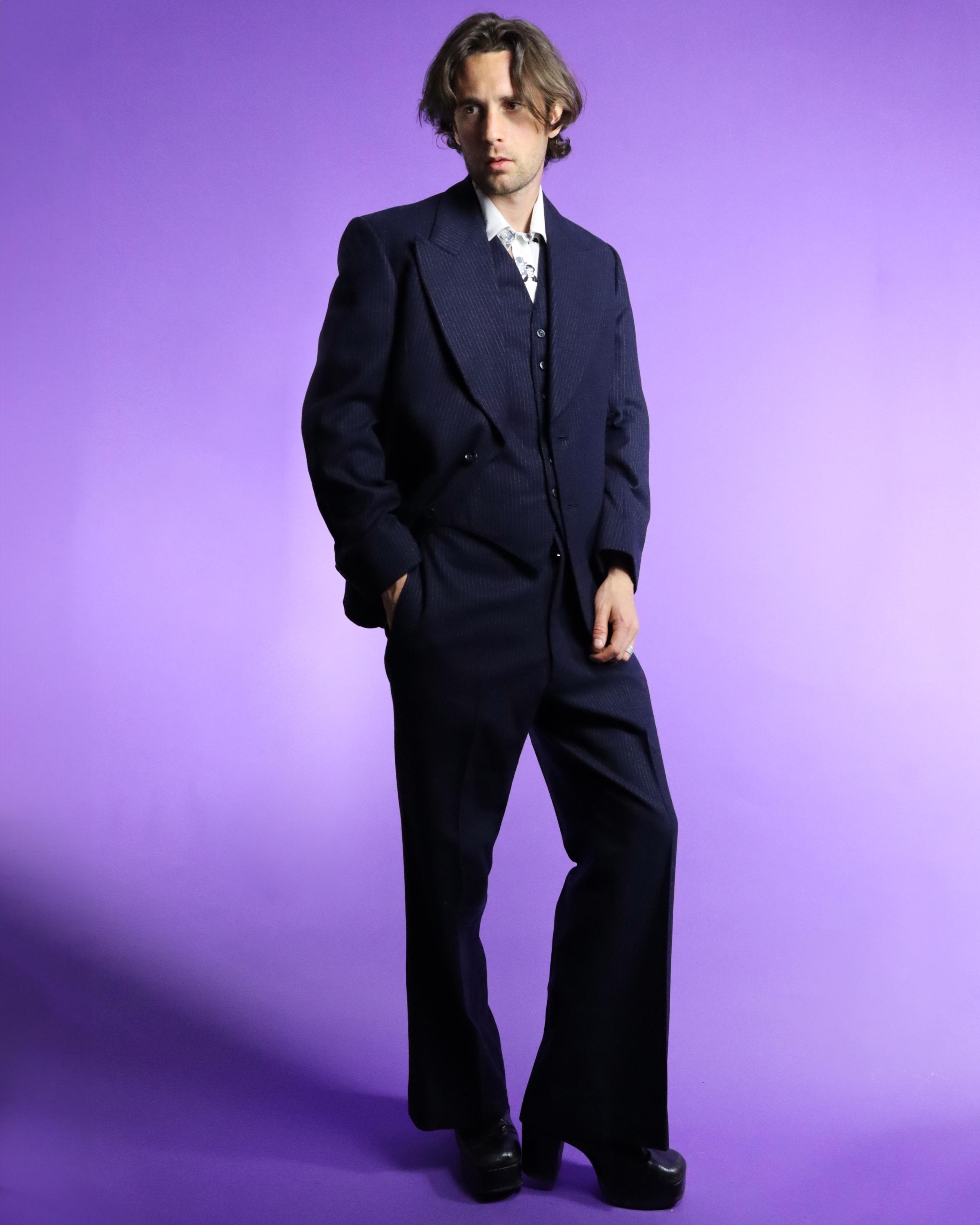 Vintage 1970s Navy Blue Fine Pinstripe 3 Piece Suit Tailored Wool