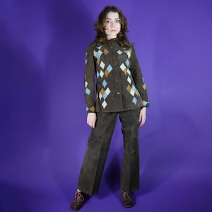Vintage 1970s Harlequin Patchwork Suede Suit Set Flares