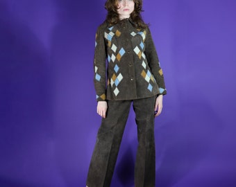 Vintage 1970s Harlequin Patchwork Suede Suit Set Flares