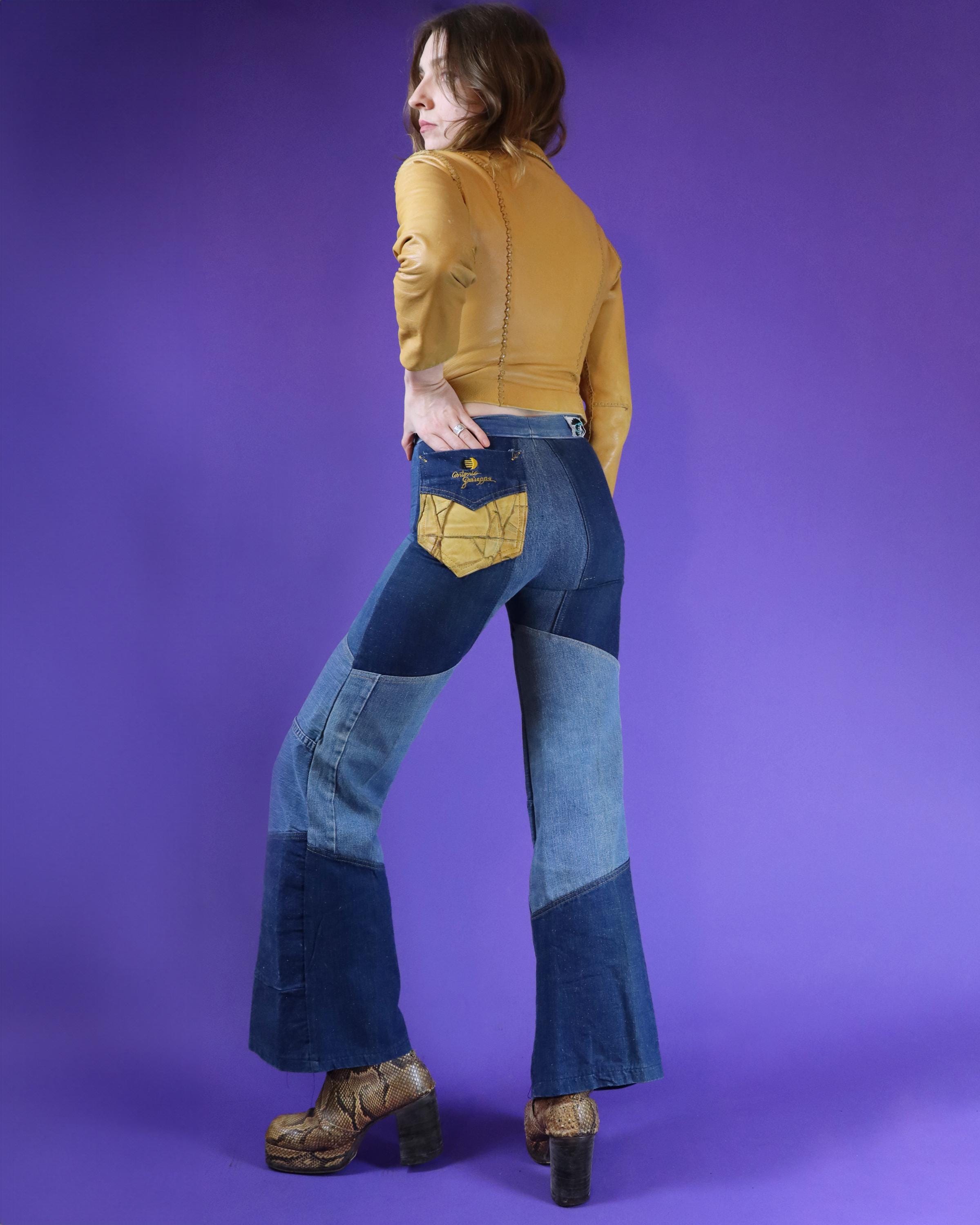 Vintage 1970S Antonio Guiseppe Patchwork Denim Flares With Logo Pocket