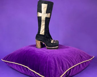 Vintage 1970s Wooden Heel Crucifix Glam Rock Metal Suede Platform Boots