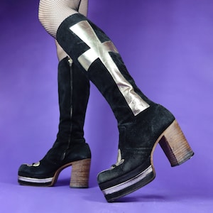 Vintage 1970s Wooden Heel Crucifix Glam Rock Metal Suede Platform Boots image 1