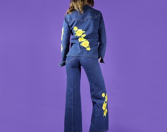 Vintage 1970s Antonio Guiseppe Denim Suit Cowgirl Embroidered Roses Western