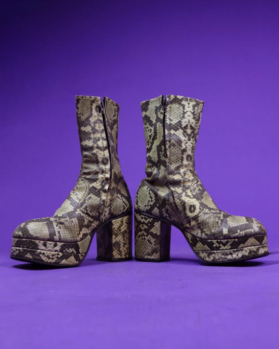 Vintage 1970s Faux Snakeskin Platform Boots Snake Glam Rock