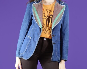 Vintage 1970s French Dressing Denim Blazer Jacket Lurex Lapel