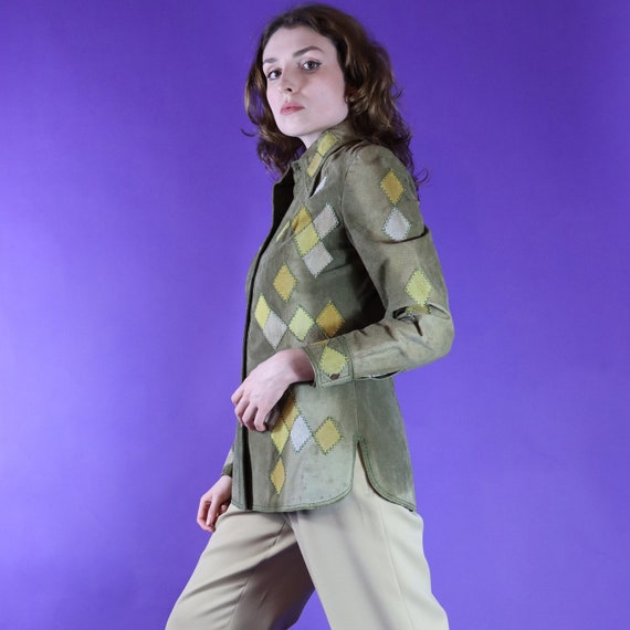 Vintage 1970s Patchwork Suede Jacket Harlequin Di… - image 3