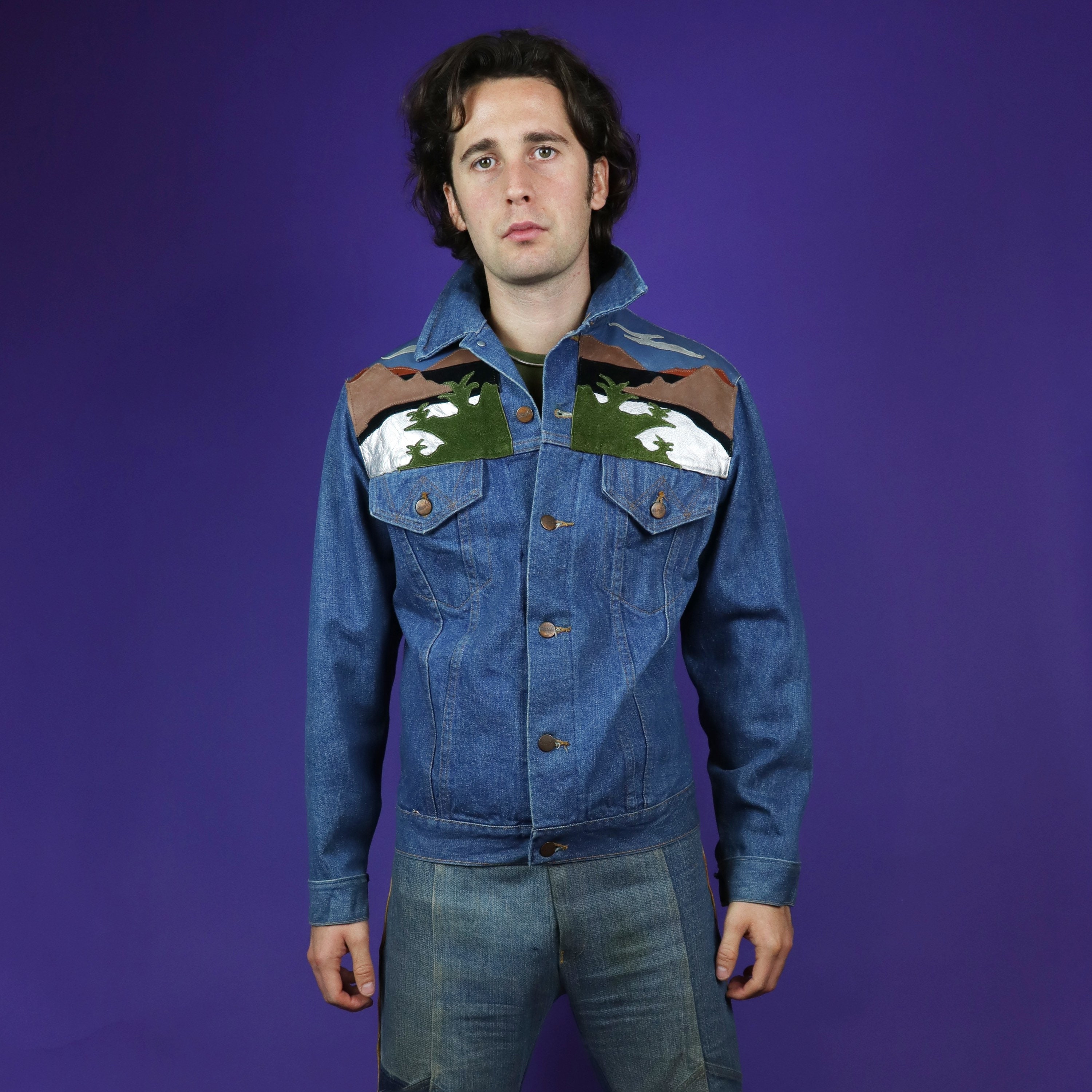 ジャケット・アウター 70's WRANGLER PATCHWORK DENIM JACKET Vintage 1970s Leather Patchwork Denim Wrangler Jacket Lion